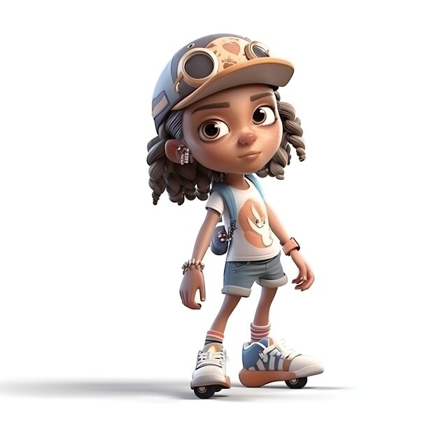 Renderizado en 3D de una niña con casco y patines