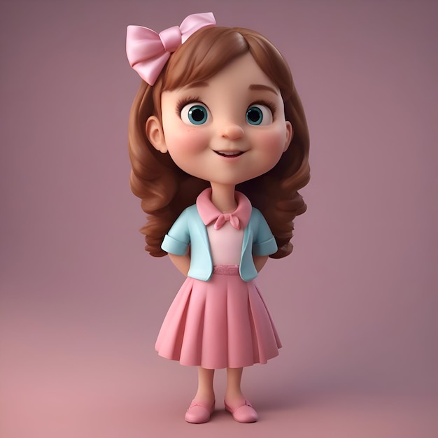 Renderizado en 3D de una niña de dibujos animados con un lazo rosa en el cabello