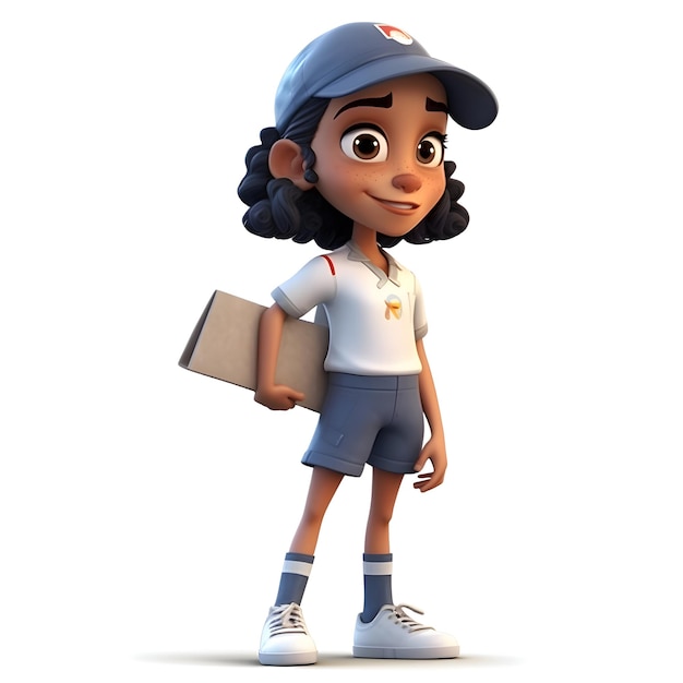 Renderizado en 3D de una niña con una gorra de béisbol con un libro