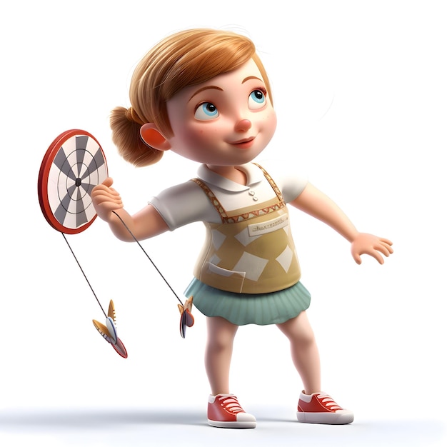 Renderizado en 3D de una niña jugando al bádminton con una tabla de dardos