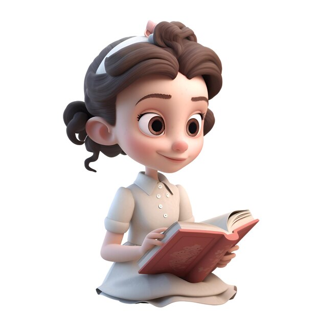 Renderizado en 3D de una niña leyendo un libro aislada sobre un fondo blanco