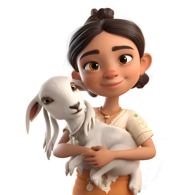 Renderizado en 3D de una niña linda con una cabra en fondo blanco