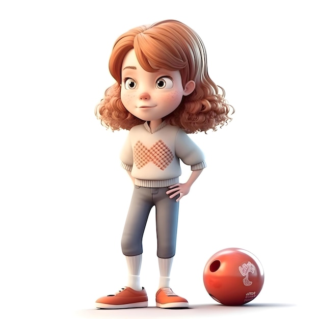 Renderizado en 3D de una niña linda con una pelota de bolos