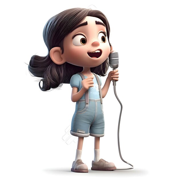 Foto renderizado en 3d de una niña con micrófono aislado en fondo blanco