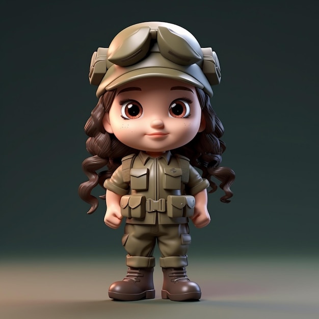 Foto renderizado en 3d de una niña en uniforme del ejército con un espacio en blanco