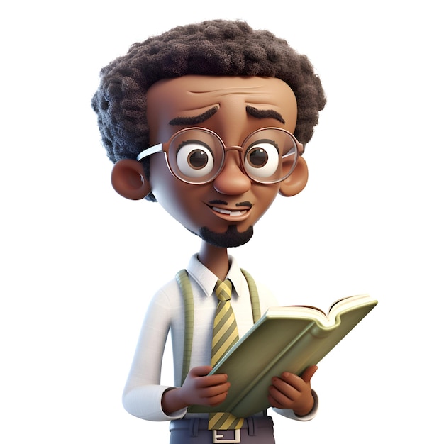 Renderizado en 3D de un niño afroamericano con gafas leyendo un libro