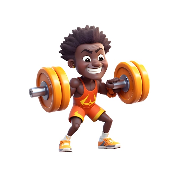 Renderizado en 3D de un niño afroamericano haciendo ejercicio con una barra