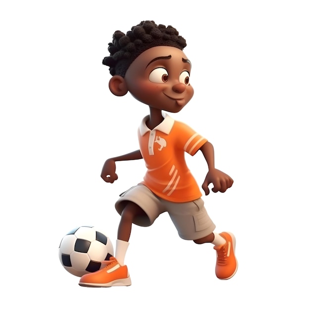 Renderizado en 3D de un niño afroamericano con una pelota de fútbol