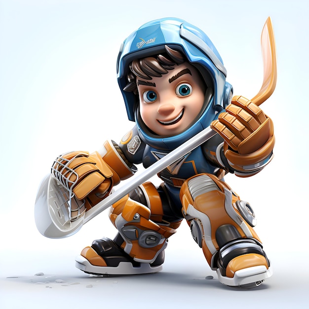 Renderizado en 3D de un niño astronauta con un palo de hockey sobre hielo y un casco.