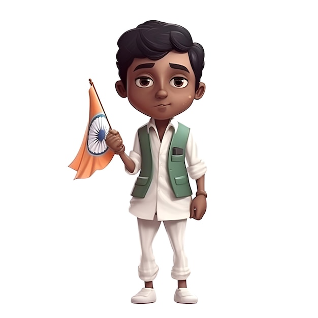 Renderizado en 3D de un niño con bandera india en fondo blanco