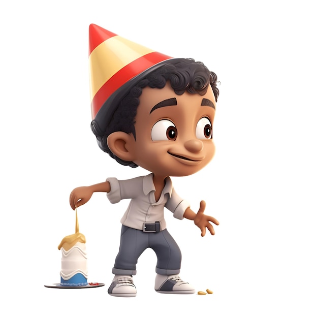 Renderizado en 3D de un niño celebrando su cumpleaños con un pastel