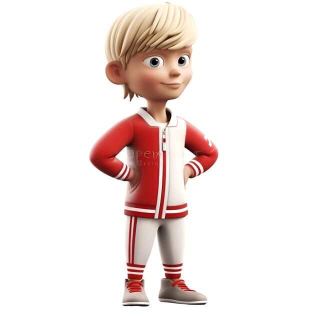 Renderizado en 3D de un niño con chaqueta roja y camisa blanca