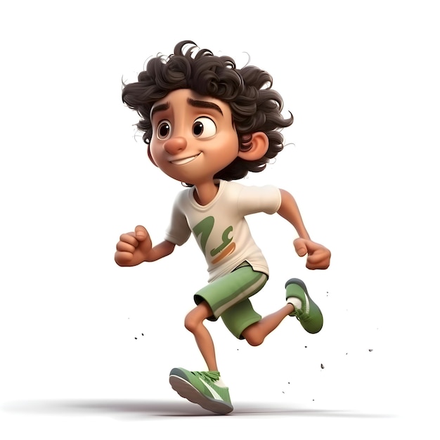 Foto renderizado en 3d de un niño corriendo con una camiseta verde