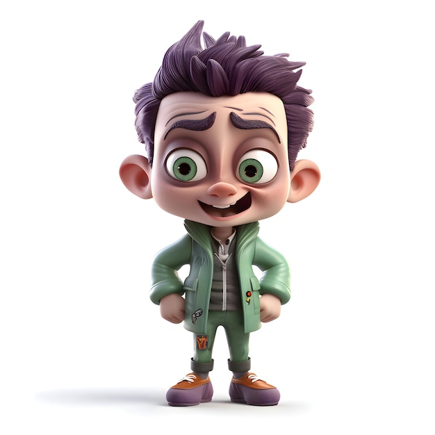 Renderizado en 3D de un niño de dibujos animados con una chaqueta verde y cabello púrpura