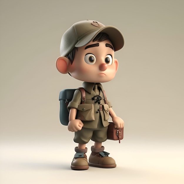 Renderizado en 3D de un niño de dibujos animados con mochila y gorra