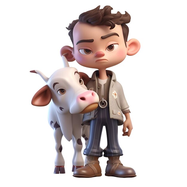 Renderizado en 3D de un niño de dibujos animados con una vaca y una vaca sobre un fondo blanco