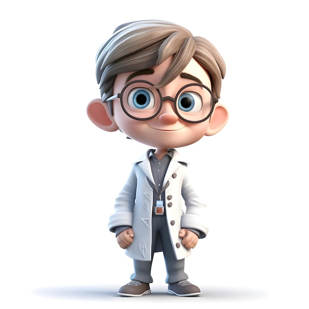 Renderizado en 3D de un niño con gafas y una bata de laboratorio