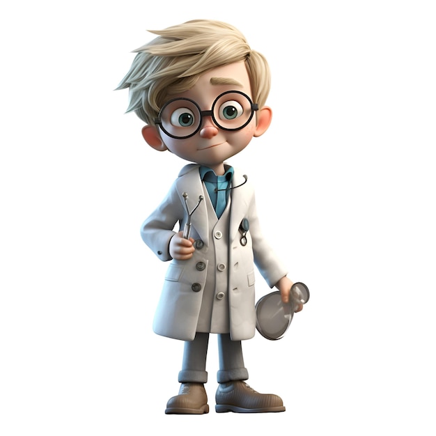 Renderizado en 3D de un niño con gafas y un médico