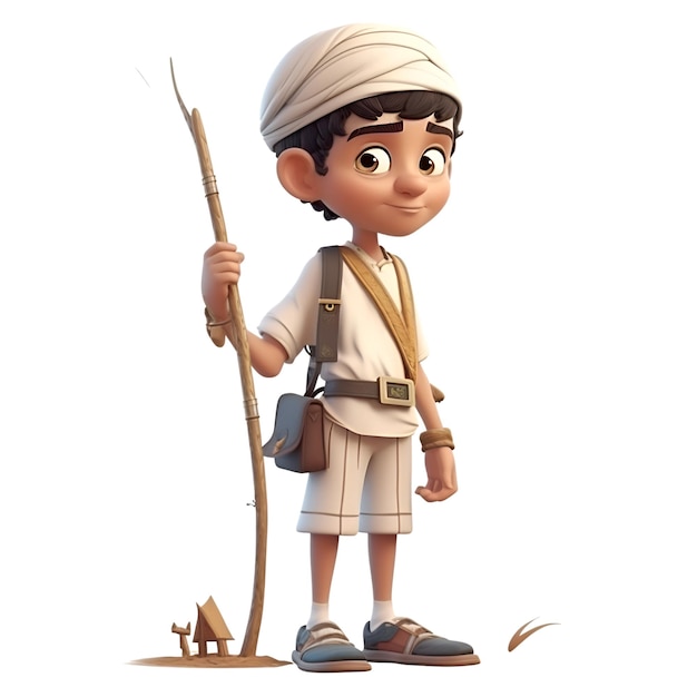 Renderizado en 3D de un niño indio con un sable sobre un fondo blanco