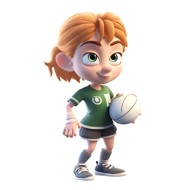 Renderizado en 3D de un niño lindo con una pelota de rugby