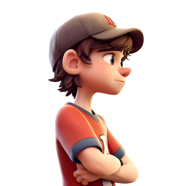 Renderizado en 3D de un niño pequeño con gorra de béisbol y uniforme