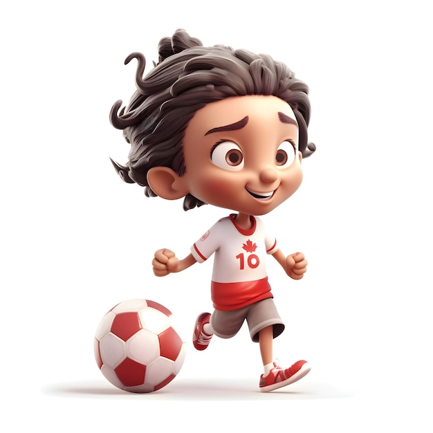 Renderizado en 3D de un niño pequeño jugando al fútbol aislado sobre un fondo blanco