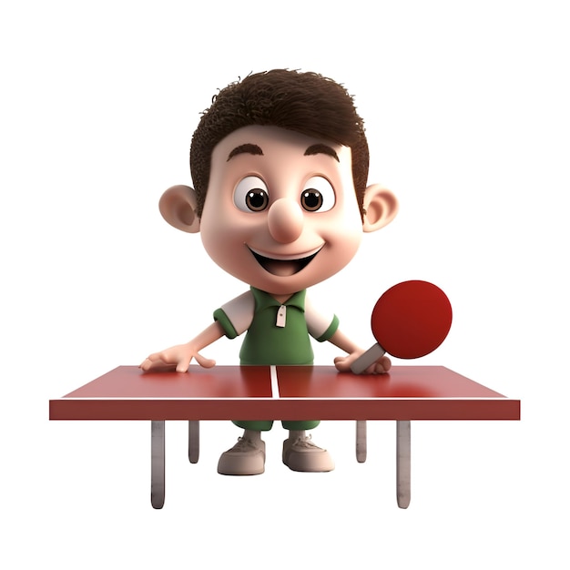 Renderizado en 3D de un niño pequeño jugando al tenis de mesa aislado sobre un fondo blanco