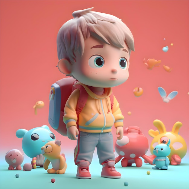 Renderizado en 3D de un niño pequeño con mochila y osos de peluche