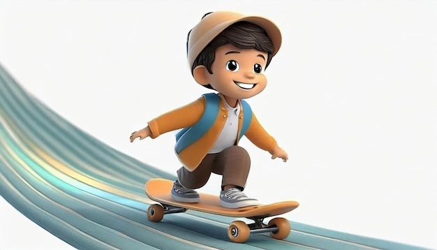 Renderizado en 3D de un niño pequeño montando en patineta sobre un fondo blanco