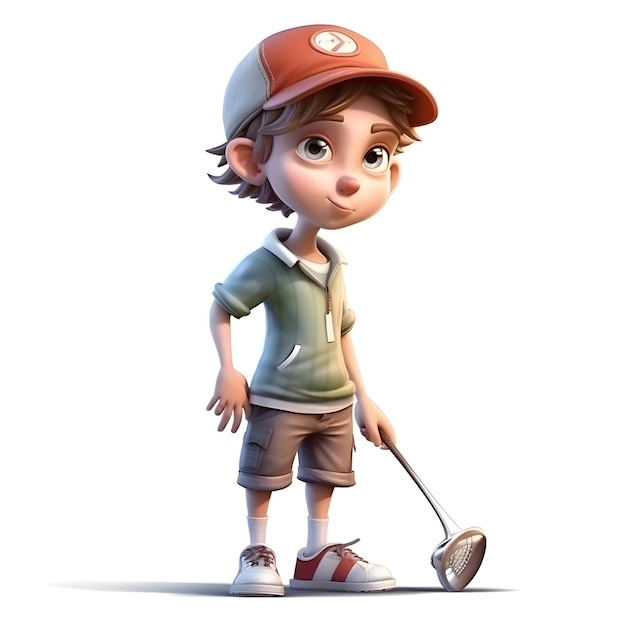 Renderizado en 3D de un niño pequeño con un palo de golf sobre un fondo blanco