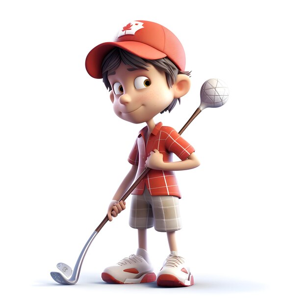 Renderizado en 3D de un niño pequeño con un palo de golf sobre un fondo blanco