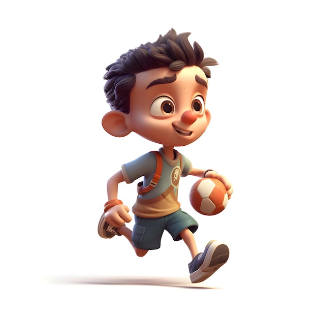 Renderizado en 3D de un niño pequeño con una pelota de fútbol aislada sobre un fondo blanco