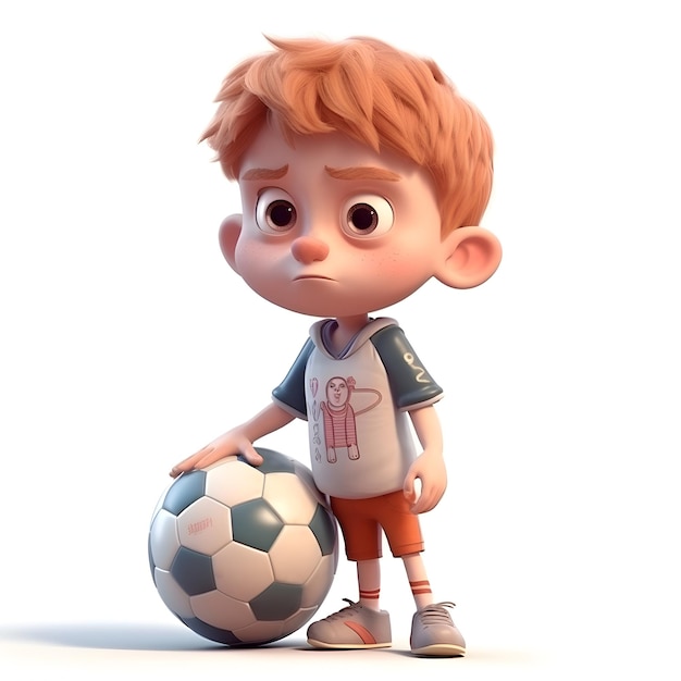 Renderizado en 3D de un niño pequeño con una pelota de fútbol sobre un fondo blanco