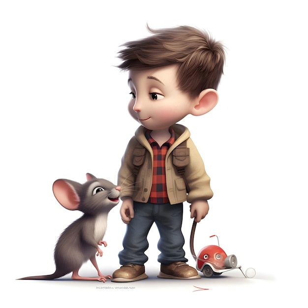 Renderizado en 3D de un niño pequeño y un ratón en fondo blanco