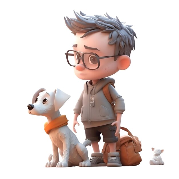 Renderizado en 3D de un niño con un perro y una bolsa