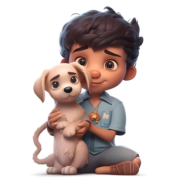 Renderizado en 3D de un niño con un perro y un cachorro