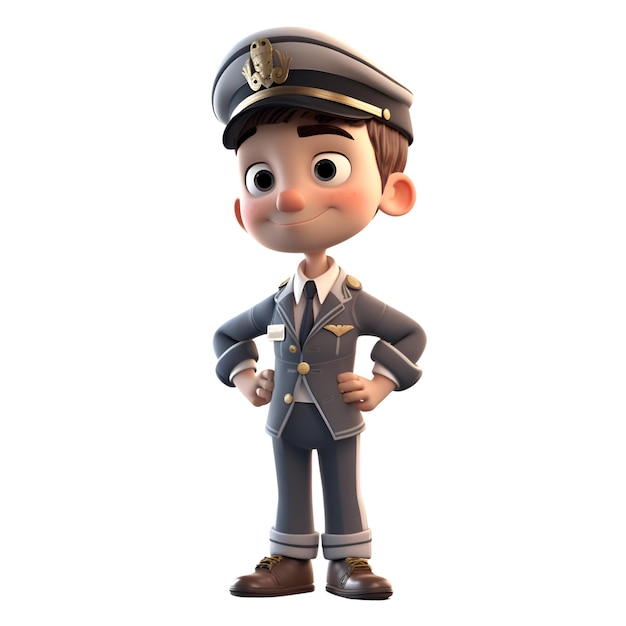 Renderizado en 3D de un niño policía con gorra y uniforme