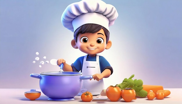 Renderizado en 3D de un niño con un sombrero de chef cocinando