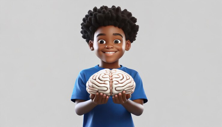 Renderizado en 3D de un niño sosteniendo el cerebro
