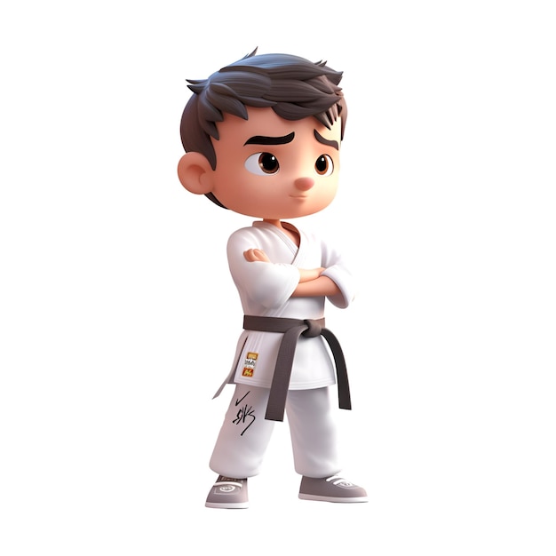 Renderizado en 3D de un niño de taekwondo con fondo blanco