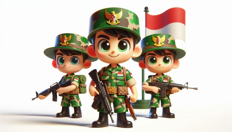 Renderizado en 3D de un niño con uniformes del Ejército de Indonesia Hay una bandera detrás de él sobre un fondo blanco