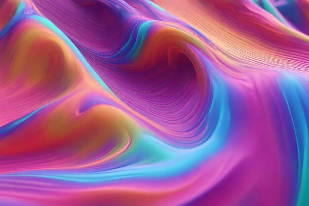Foto renderizado en 3d de una onda curva de neón holográfica abstractamente fluida y iridescente en movimiento con coloridos