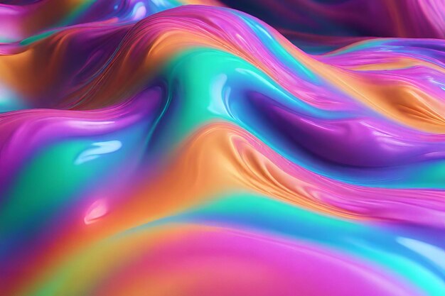 Renderizado en 3D de una onda curva de neón holográfica abstractamente fluida y iridescente en movimiento con coloridos
