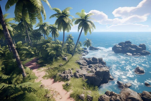 Renderizado en 3D de un paisaje tropical con palmeras y mar azul