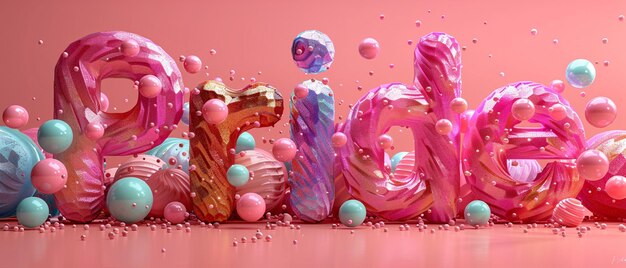 Renderizado en 3D de la palabra Orgullo con Oro Púrpura Rosa y Esferas Azules y Sp Azul