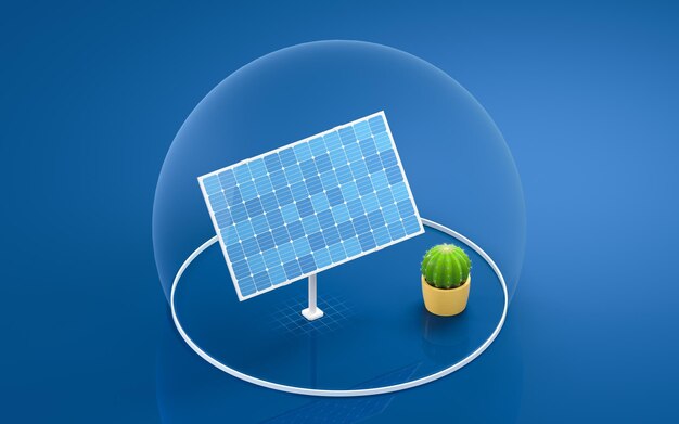 Foto renderizado 3d de panel solar y cactus
