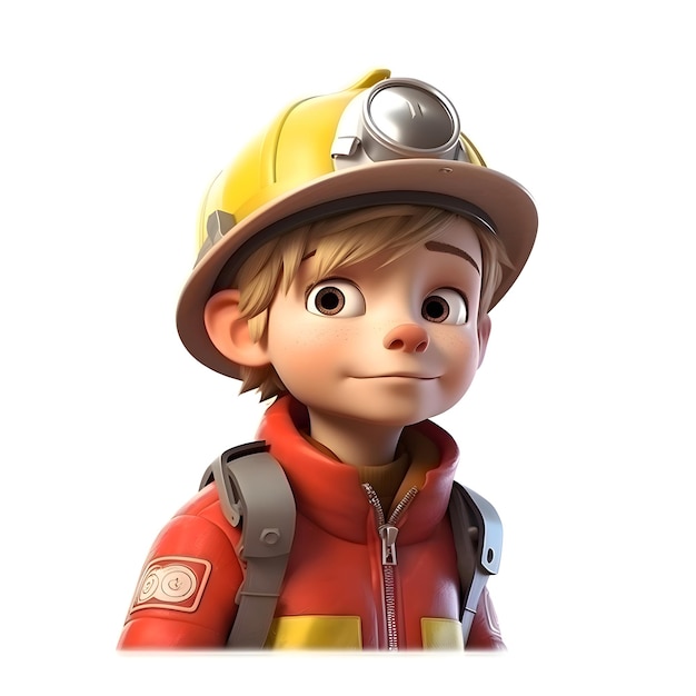 Renderizado en 3D de un pequeño bombero con casco y uniforme