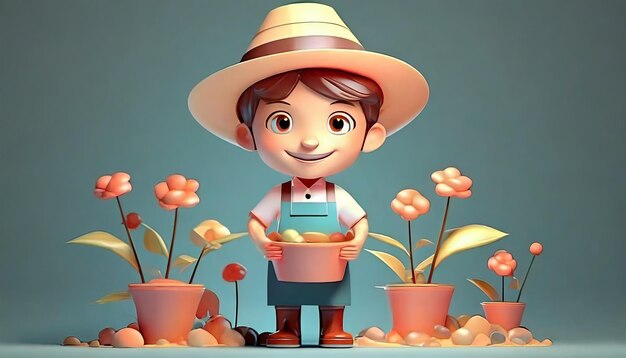 Renderizado en 3D de Pequeño granjero con olla de flores
