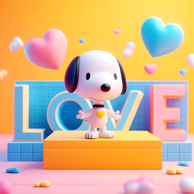 Renderizado en 3D de perro y palabra de amor con fondo de arco iris concepto del día de San Valentín