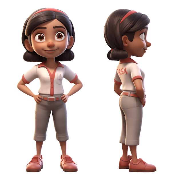 Renderizado en 3D del personaje de la chica asiática de dibujos animados con caminos de recorte